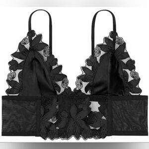 Victoria's Secret VS Unlined Floral Embroidered Long Line Bralette XL Black Bra